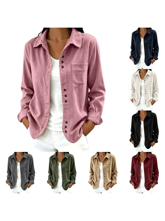 Corduroy Shacket Jacket for Women Oversized Button Down Shirt Fall Casual Long Sleeve Jackets with Pocket,XL