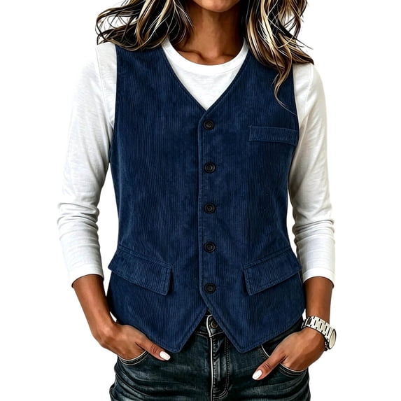 Lutiedan Corduroy Vests for Women Button down Sleeveless Waistcoat Jacket Lightweight Office Work Suit Vest S-3XL,Blue