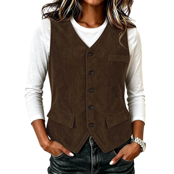 Lutiedan Corduroy Vests for Women Button down Sleeveless Waistcoat Jacket Lightweight Office Work Suit Vest S-3XL,Brown