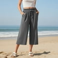thumbnail image 1 of Lutiedan Cotton Linen Capri Pants for Women Straight Wide Leg Drawstring Elastic Waist Casual Pants Loose Soft Sweatpants with Pockets, 1 of 9