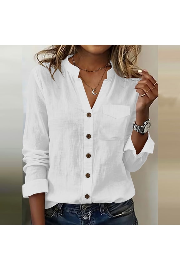 Cotton Linen Shirts for Women Summer Long Sleeve Lapel Button Down Blouse Lightweight Loose Casual Tees with Chest Pocket