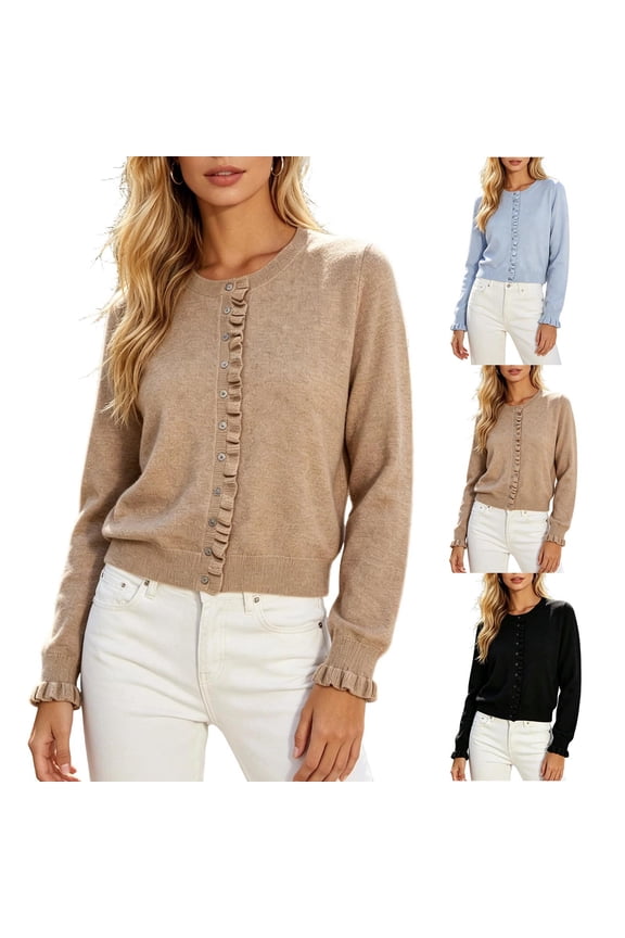 Cropped Cardigan Sweaters for Women Ruffle Botton Up Long Sleeve Knit Cardigans Casual Crew Neck Fall Sweater,Light Blue