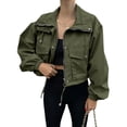 thumbnail image 1 of Lutiedan Cropped Jacket for Women Zip Up Long Sleeve Cargo Jacket Oversized Lapel Collar Utility Anorak Coat with Pockets,Army Green, 1 of 4