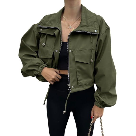 Lutiedan Cropped Jacket for Women Zip Up Long Sleeve Cargo Jacket Oversized Lapel Collar Utility Anorak Coat with Pockets,Khaki