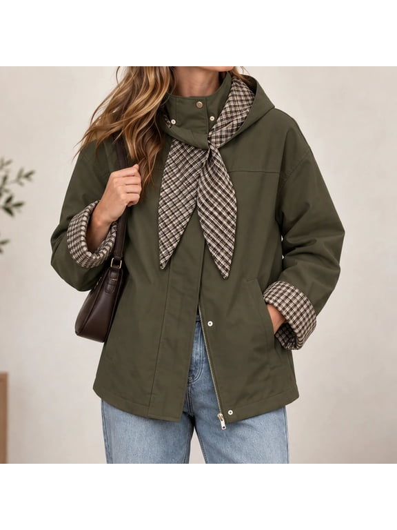 Fall Zip up Jacket for Women Detachable Hood Long Sleeve Jackets Plaid Lined Casual Windproof Jacket S-XXL,Army Green