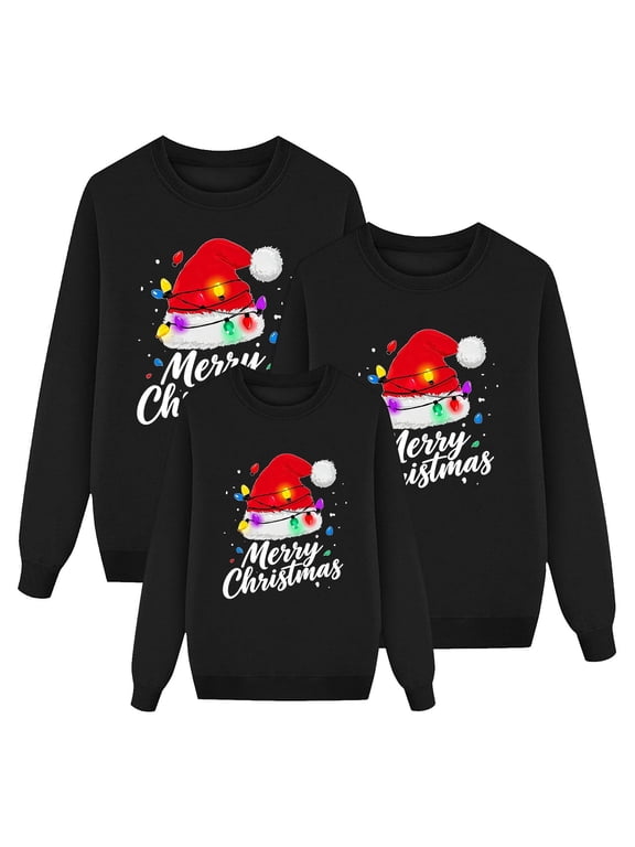 Family Christmas Sweatshirts Mom Dad Kids Long Sleeve Fleece Tops Xmas Print Crewneck Pullover Top S-XXL,Black