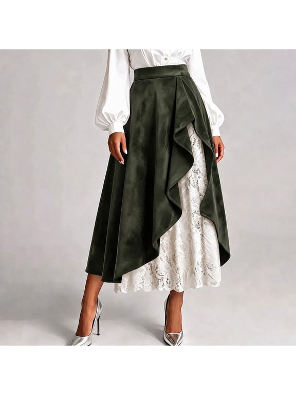 Faux Suede Skirt for Women Ruffle Overlay Lace Layered A Line Midi Skirt High Waist Vintage Western Skirt S-XXL,Army Green