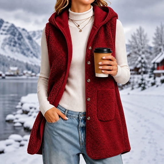 Lutiedan Fleece Hooded Vest for Women Sleeveless Button down Outerwear Vest Fall Winter Warm Jackets with Pocket S-XXL,Red