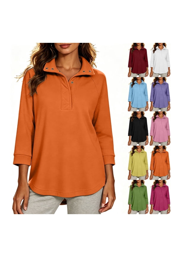 Fleece Sweatshirts for Women 3/4 Sleeve Snap Button Henley Neck Pullover Tops Baggy Casual Fall Sweatshirt,Wine