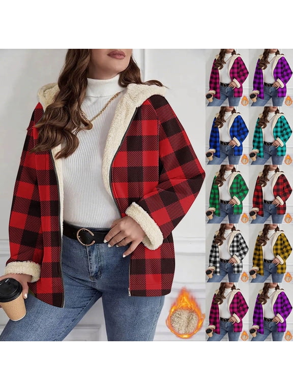 Full Zip Plaid Jacket for Women Sherpa Lined Long Sleeve Hooded Shacket Fall Winter Thick Warm Coats S-2XL