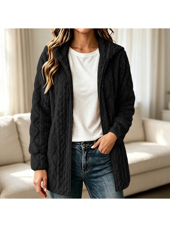 Fuzzy Fleece Jacket for Women Oversized Open front Sherpa Winter Coat Fall Winter Hooded Warm Outwear S-XXL,Black