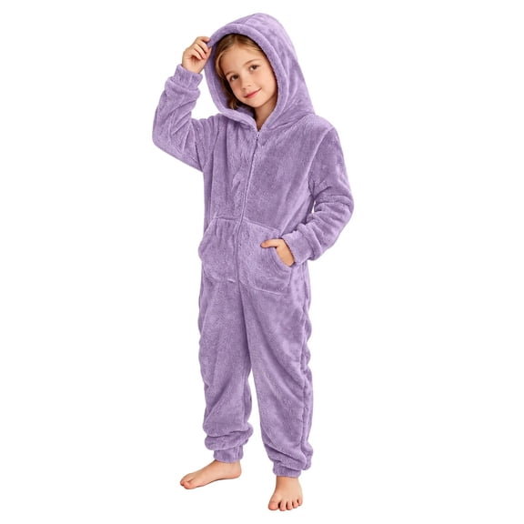 Lutiedan Fuzzy Fleece Onesie Jumpsuit for Girls Zip up Long Sleeve Hooded Jumpsuit Winter Casual Warm Jumpsuit Size 4-14,Purple