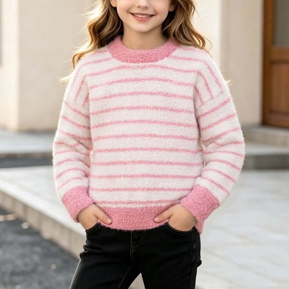 Lutiedan Girl's Striped Sweater Cute Long Sleeve Knit Sweaters Fall Winter Crew Neck Warm Pullover Size 0-13,Pink