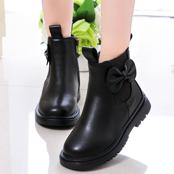 Lutiedan Girls Ankle Boots with Side Zipper Comfort Slip-Resistant Shoes Bow Decor Princess Boots for Toddler Little Big Kids,Black,27