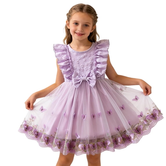 Lutiedan Girls Dresses Flower Tulle Fairy Dress Ruffle Sleeve Summer Smocked Dresses for Little Girls Birthday Wedding Party Princess Dress 3-8 Years