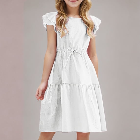 Lutiedan Girls Dresses Ruffle Short Sleeve Elastic Drawstring Waist Casual MIdi Dress A-Line Smocked Flowy Swing Sundress 4-14 Years