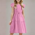 thumbnail image 1 of Lutiedan Girls Dresses Ruffle Short Sleeve Elastic Drawstring Waist Casual MIdi Dress A-Line Smocked Flowy Swing Sundress 4-14 Years, 1 of 9
