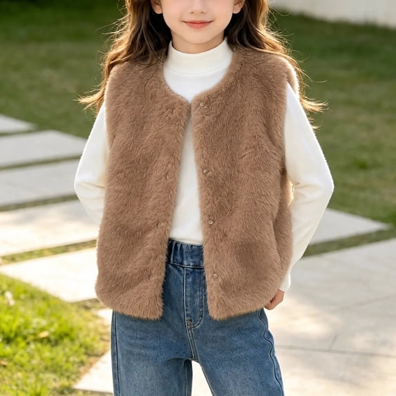 Lutiedan Girls Faux Furs Vest Kids Sleeveless Button Down Fluffy Coat Fleece Warm Layering Winter Waistcoat 18M-13Y,Coffee