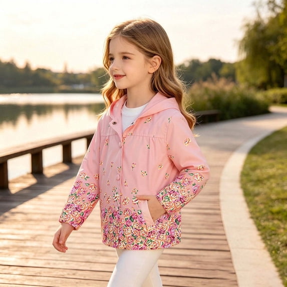 Lutiedan Girls Hooded Jackets Snap Button Long Sleeve Cartoon Print Jackets Fall Windproof Jacket with Pockets Size 1-9