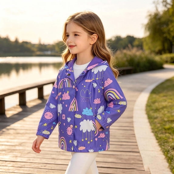 Lutiedan Girls Hooded Jackets Snap Button Long Sleeve Cartoon Print Jackets Fall Windproof Jacket with Pockets Size 1-9