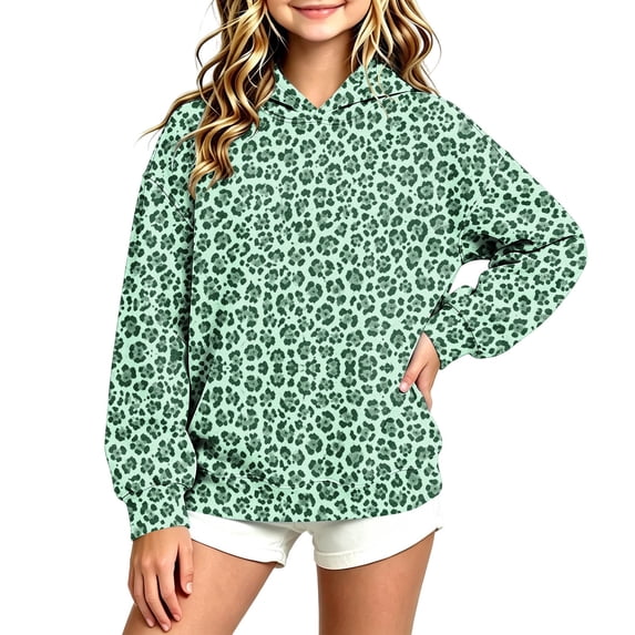Lutiedan Girls Leopard Print Hoodie Oversized Fleece Fall Winter Hooded Sweatshirts Long Sleeve Casual Pullover Top Size 3-13,Green