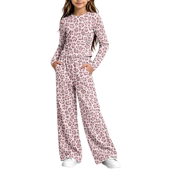 Lutiedan Girls Leopard Print Outfit Set Long Sleeve Slim Tops and Wide Leg Pants with Pockets Casual Fall Trendy Set Size 5-15,Pink