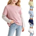 thumbnail image 1 of Lutiedan Girls Long Sleeve Shirts Fake 2 in 1 Striped Crew Neck Cotton Tops Casual Fall Winter Base Layer Blouse 12 Months-11 Years, 1 of 7