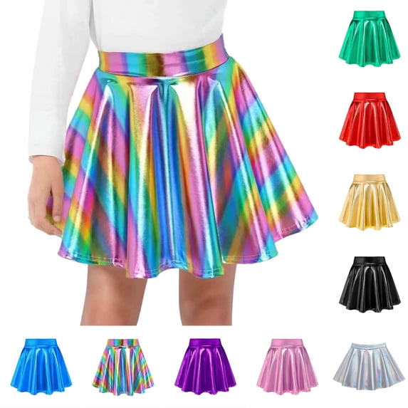 Lutiedan Girls Metallic Skater Skirts Shiny Flared Holographic Skort with Built-in Shorts Sparkly Party Pleated Skirt Size 4-14