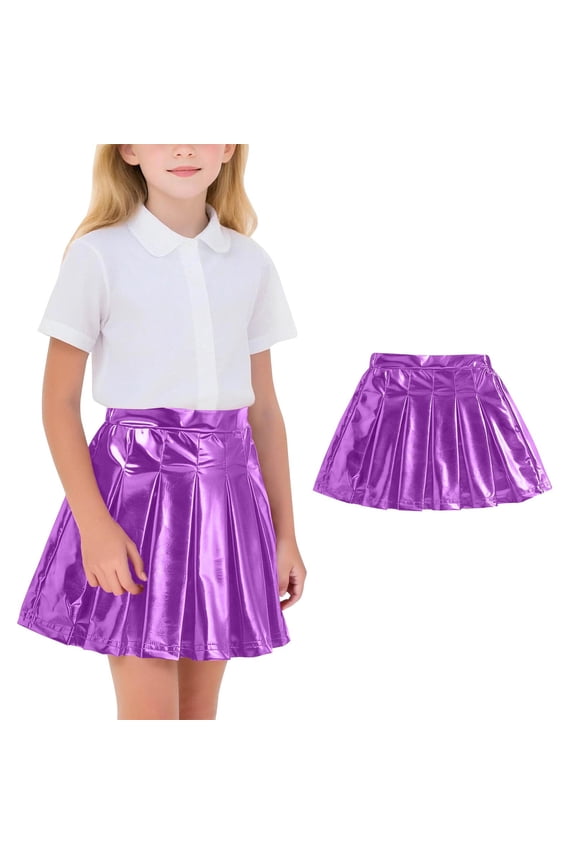 Girls Metallic Skater Skirts Sparkly Shiny Flared Pleated A-Line Mini Skort High Waist Dance Party Holographic Skirt 4-15 Years