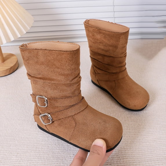 Lutiedan Girls Mid Calf Boots, Faux Suede Lightly Fleece‑Lined Non Slip Shoes Princess Fall Winter Flat Shoes,Brown,13.5