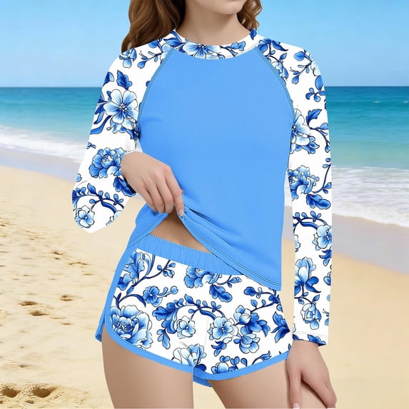 Lutiedan Girls Rash Guard Swimsuit 2 Pieces Floral Printed Long Sleeve Bathing Suit Summer Sun Protection Beach Hawaii Swimwear Sets 6-15 Years