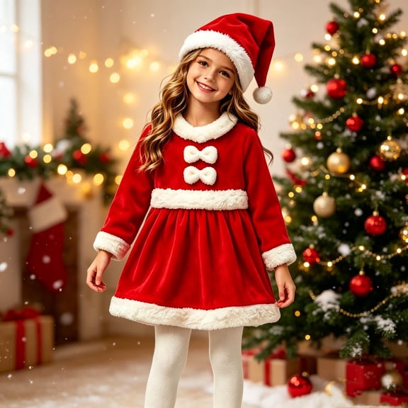 Lutiedan Girls Santa Claus Dress with Matching Santa Hat Long Sleeve Velvet Dress Fluffy Holiday Party Costume Size 0-13,Red