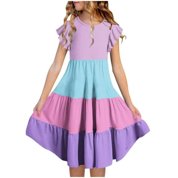 Lutiedan Girls Summer Dresses Ruffled Sleeve Casual Holiday Skate Twirl Dress Color Block Smocked Elastic Waist Tiered Midi Dress for 4-14 Years