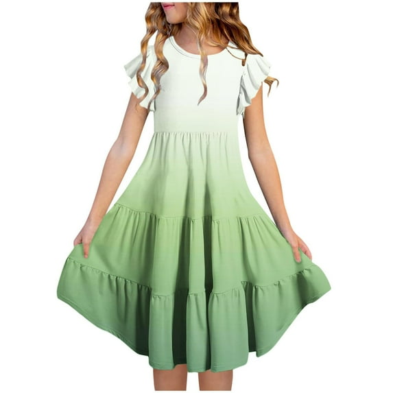 Lutiedan Girls Summer Dresses Ruffled Sleeve Casual Holiday Skate Twirl Dress Color Block Smocked Elastic Waist Tiered Midi Dress for 4-14 Years