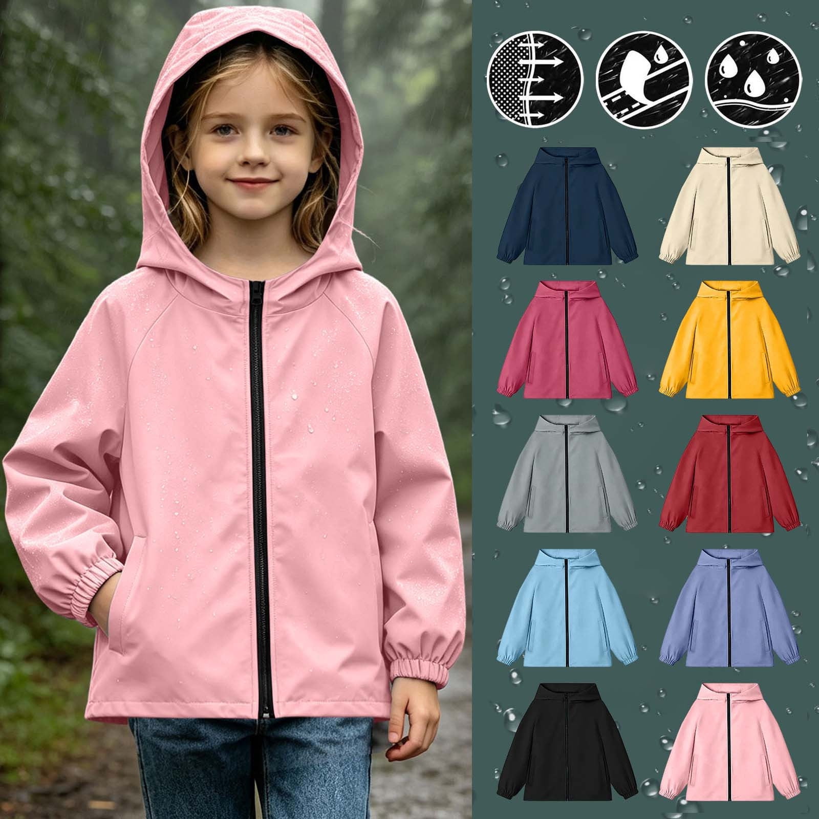 Lutiedan Girls Waterproof Rain Jacket Zip Up Hooded Lightweight Windbreaker Casual Outdoor Raincoats with Pocket Size 5-16