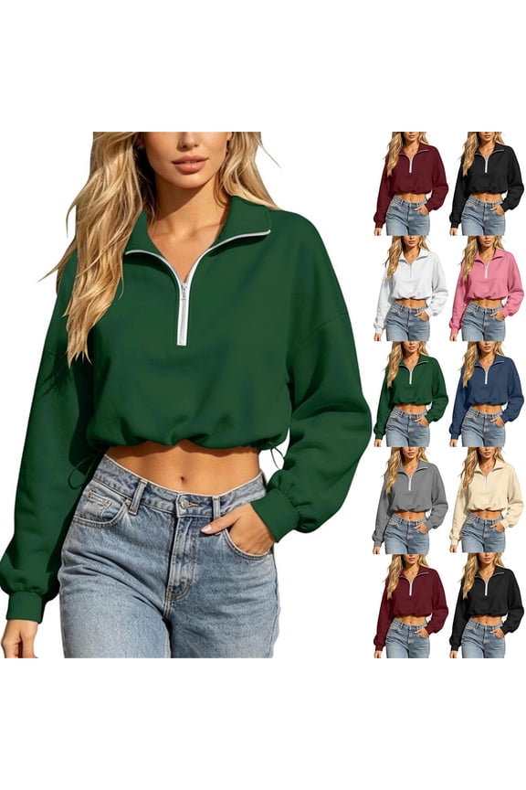 Half Zip Sweatshirt for Women Long Sleeve Collar Pullover Cropped Sweatshirts Drawstring Hem Fall Casual Tops,Beige,XXL