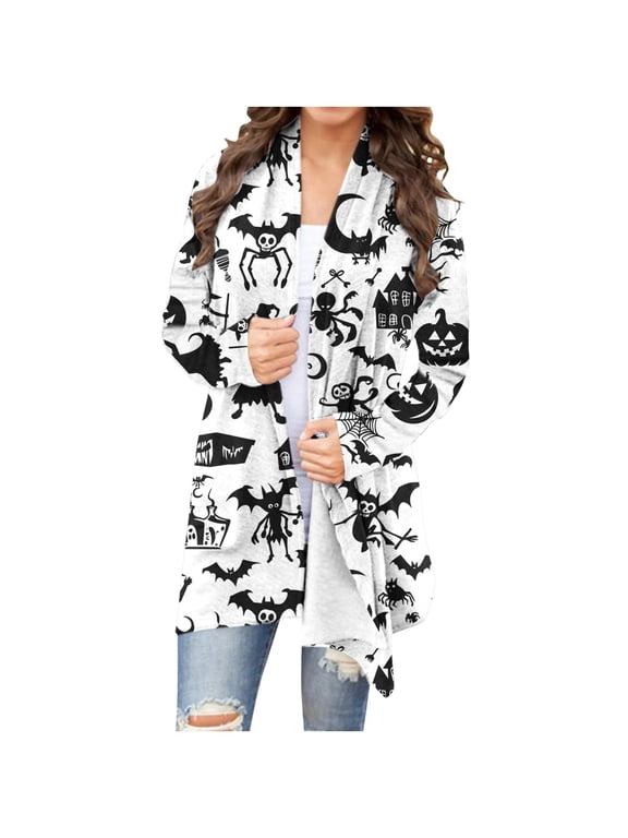 Halloween Cardigan for Women Pumpkin Cat Scary Graphic Cardigan Long Sleeve Open Front Knitted Sweater Coat,Red