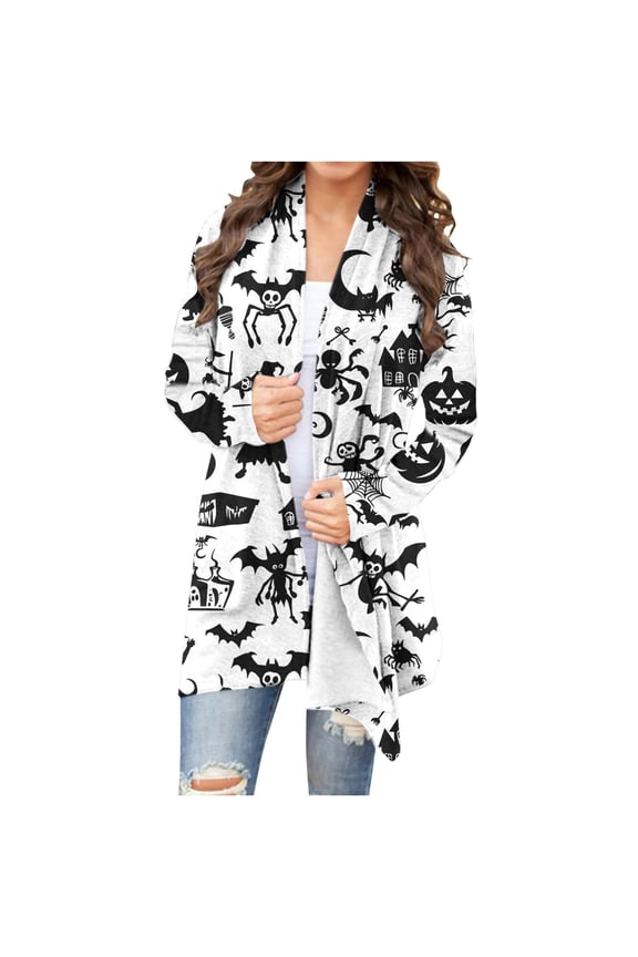 Halloween Cardigan for Women Pumpkin Cat Scary Graphic Cardigan Long Sleeve Open Front Knitted Sweater Coat,White