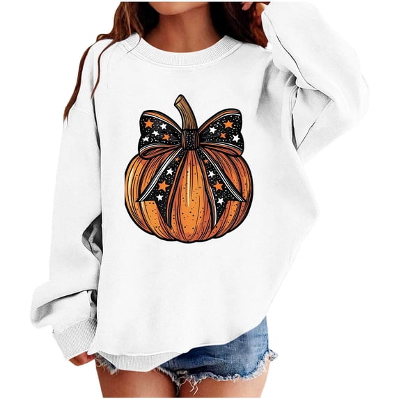 Lutiedan Halloween Sweatshirt for Girls Pumpkin Ghost Graphic Pullover Tops Baggy Crewneck Spooky Season Sweatshirt Size 1-13