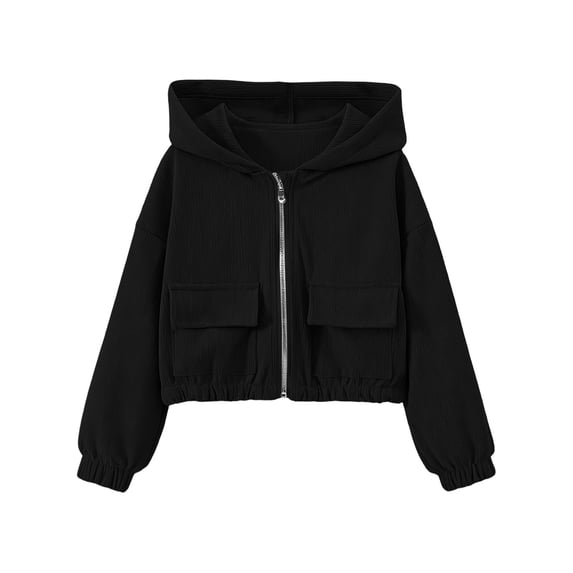 Lutiedan Hooded Jacket for Girls Full Zip Up Wind Resistant Coats Casual Outdoor Jackets with Patch Pocket Size 4-13,Black