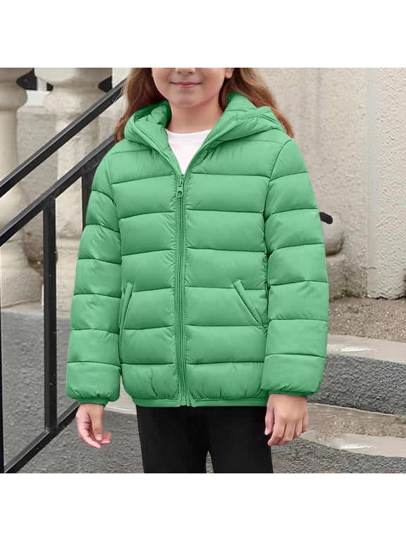 Hooded Puffer Jacket for Girls Boys Lightweight Packable Windproof Outerwear Kids Zip up Warm Winter Coat Size 4-14,Green