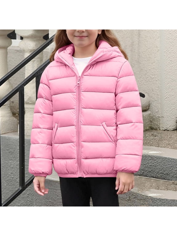 Hooded Puffer Jacket for Girls Boys Lightweight Packable Windproof Outerwear Kids Zip up Warm Winter Coat Size 4-14,Pink