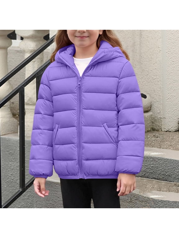 Hooded Puffer Jacket for Girls Boys Lightweight Packable Windproof Outerwear Kids Zip up Warm Winter Coat Size 4-14,Purple