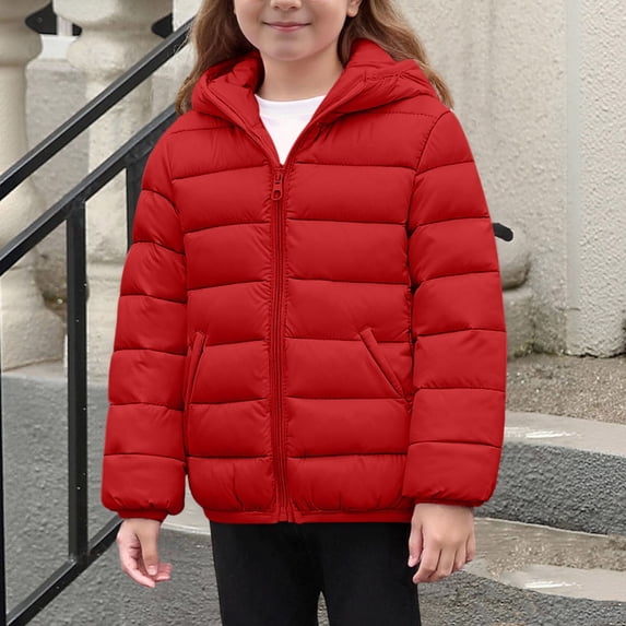 Lutiedan Hooded Puffer Jacket for Girls Boys Lightweight Packable Windproof Outerwear Kids Zip up Warm Winter Coat Size 4-14,Red