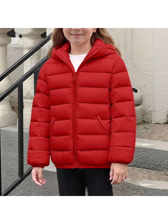 Hooded Puffer Jacket for Girls Boys Lightweight Packable Windproof Outerwear Kids Zip up Warm Winter Coat Size 4-14,Red