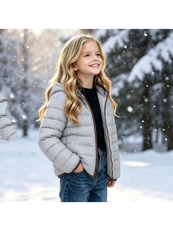Hooded Puffer Jackets for Girls Lightweight Zip up Windproof Outerwear Quilted Warm Winter Coat with Pocket Size 1-13,Light Blue