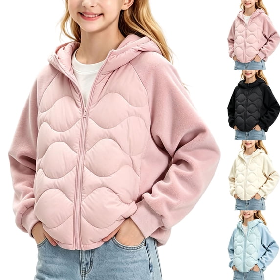 Lutiedan Hooded Puffer Jackets for Girls Oversized Zip up Quilted Spliced Jackets Casual Trendy Warm Winter Coat Size 3-15