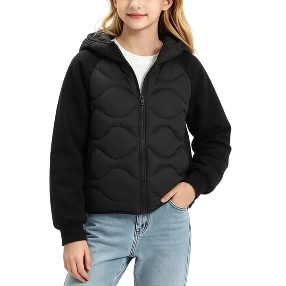 Lutiedan Hooded Puffer Jackets for Girls Oversized Zip up Quilted Spliced Jackets Casual Trendy Warm Winter Coat Size 3-15