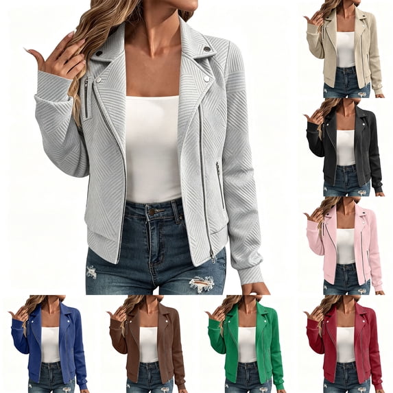 Lutiedan Jacquard Biker Jacket for Women Textured Zip Up Lapel Collar Moto Bomber Jacket Casual Vintage Fall Outerwear,Blue