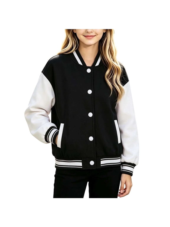 Kids Varsity Baseball Bomber Jacket Boys Girls Long Sleeve Button down Jackets Unisex School Uniform Jackets Size 1-15